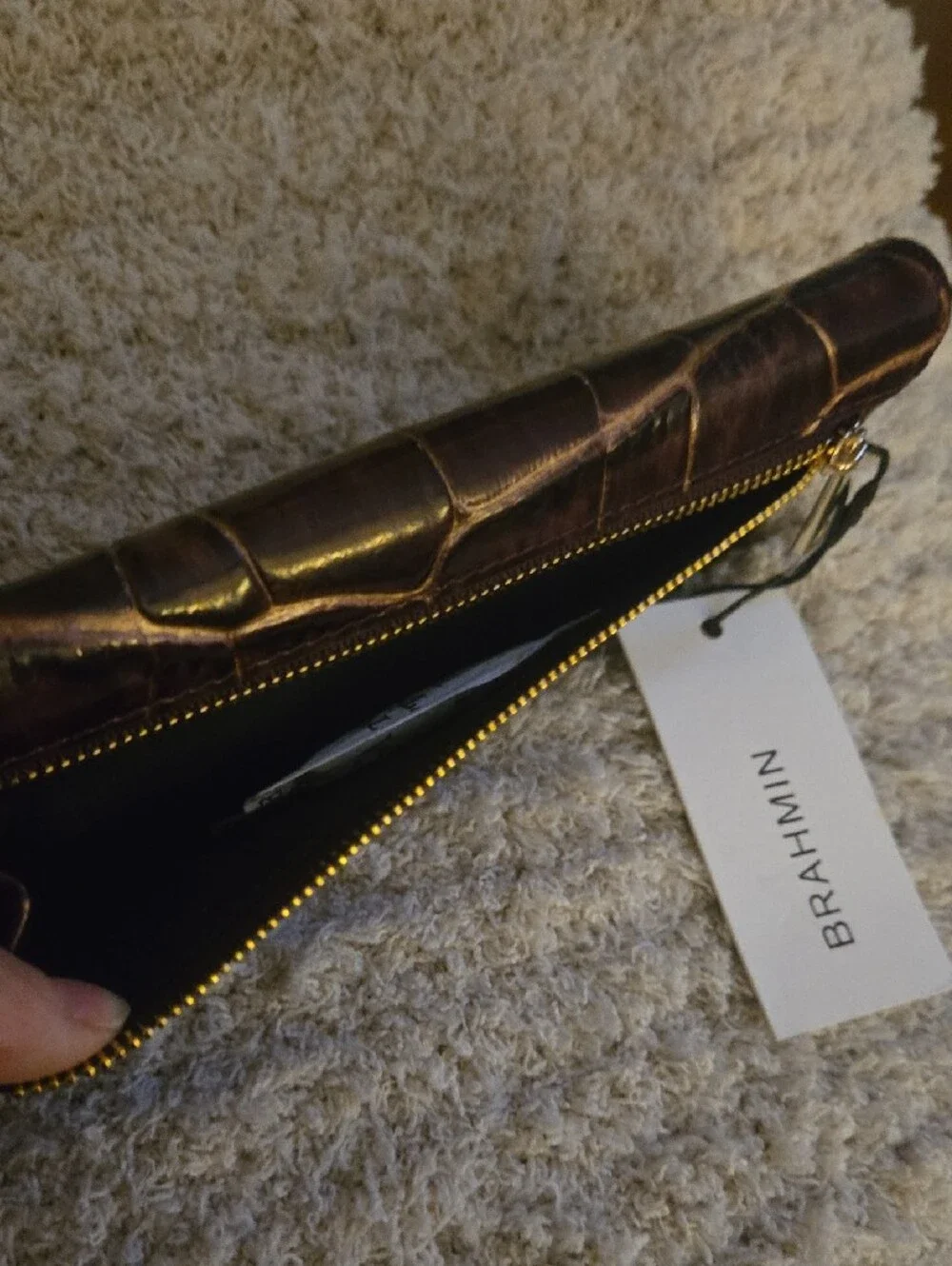 Brahmin Ady Croc-Embossed Leather Wallet Dark Brown Gold Accent New With Tags